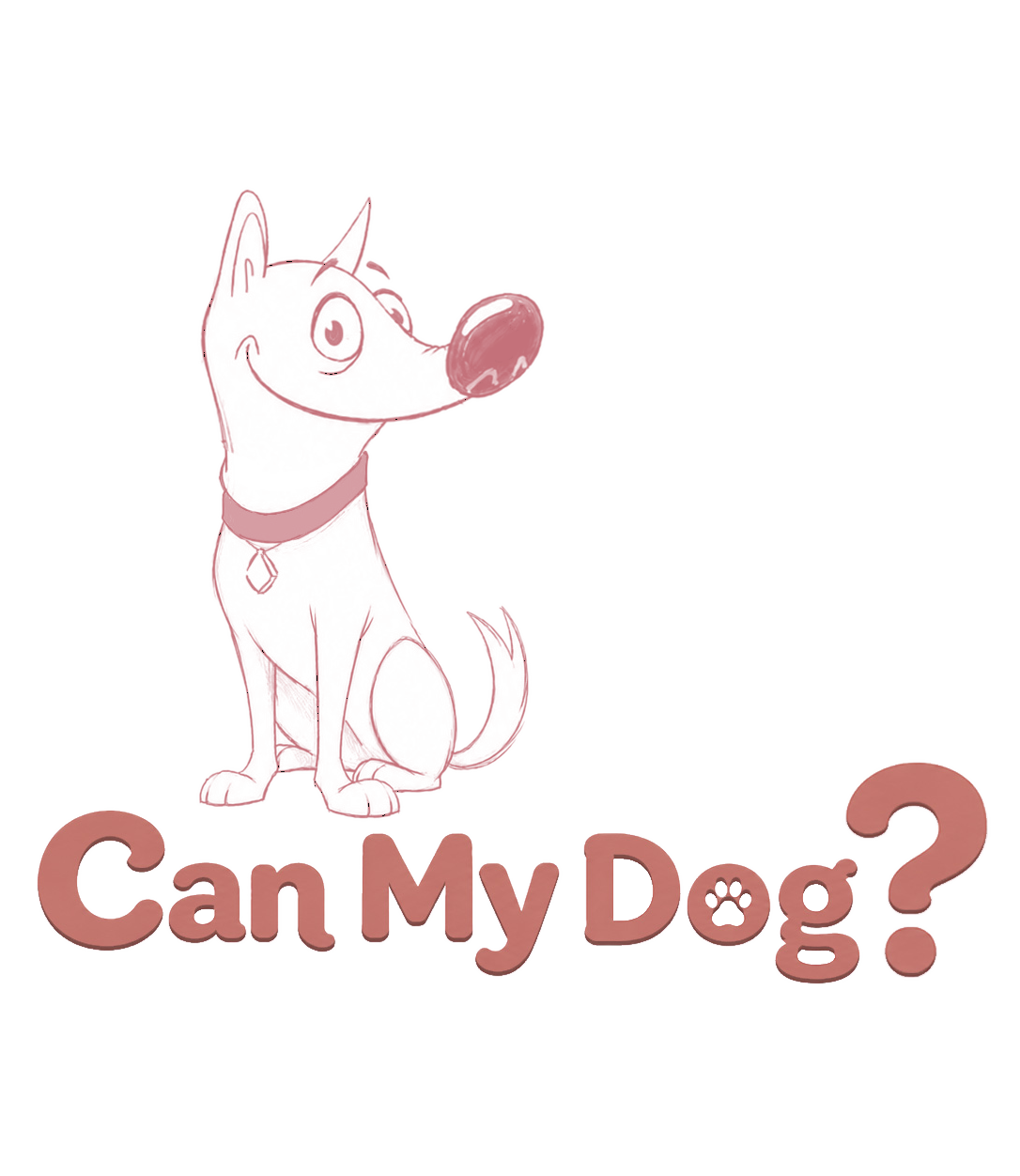 Can My Dog? — la mascotte, un chien joyeux dessiné au trait couleur terracotta, assis au-dessus du logo