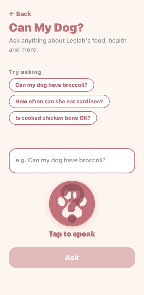 Écran de questions Can My Dog? avec des suggestions de questions et le bouton pour parler