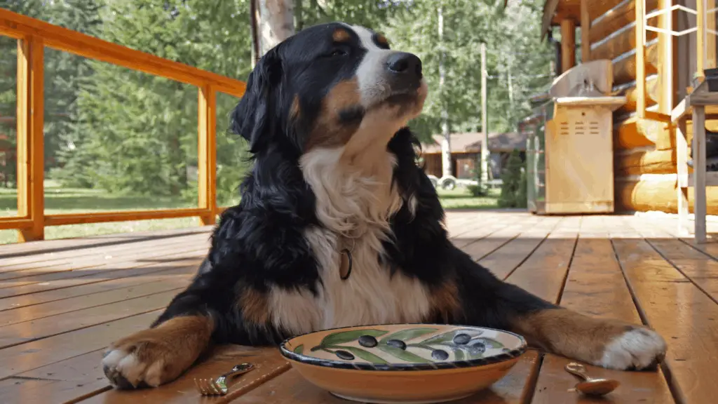 Dog laying in front of bowl and silverware ready to be fed